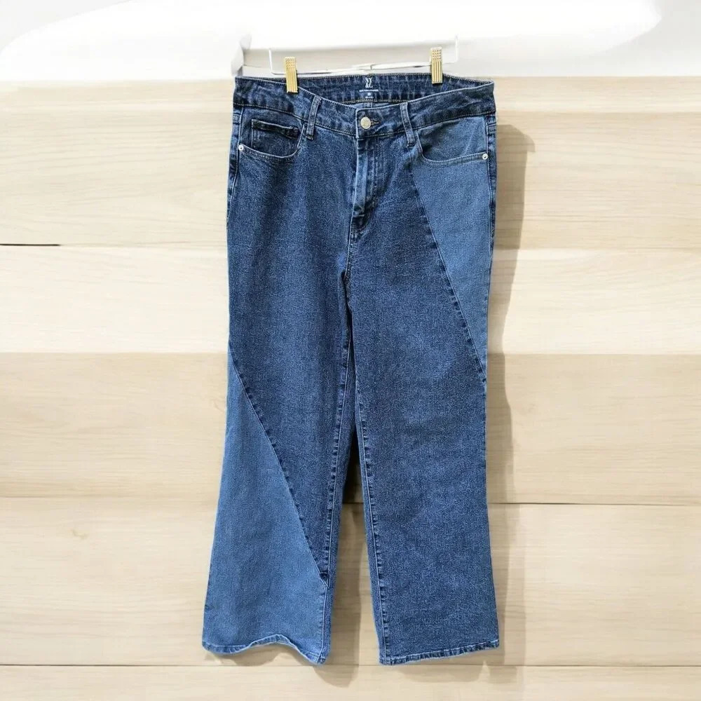 Ny&Co 2 Toned Patchwork Denim Jeans Flare Size 14 Boho Festival Hippie Mid Rise